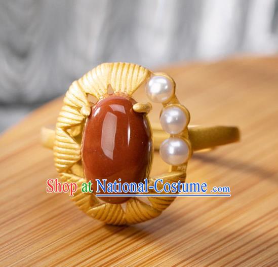 Chinese Classical Pearls Golden Circlet Handmade Jewelry Accessories National Enamel Red Ring