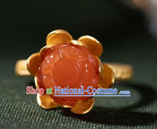 Chinese Classical Agate Lotus Circlet Handmade Jewelry Accessories National Golden Ring