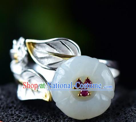 Chinese Classical Jade Plum Blossom Circlet Handmade Jewelry Accessories National Silver Carving Ring