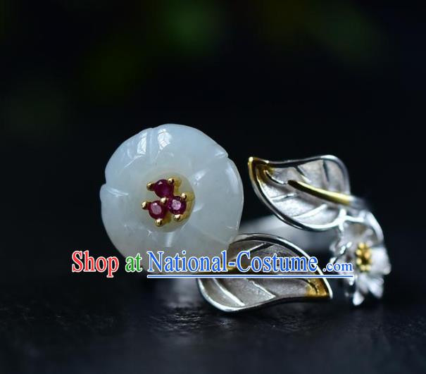 Chinese Classical Jade Plum Blossom Circlet Handmade Jewelry Accessories National Silver Carving Ring