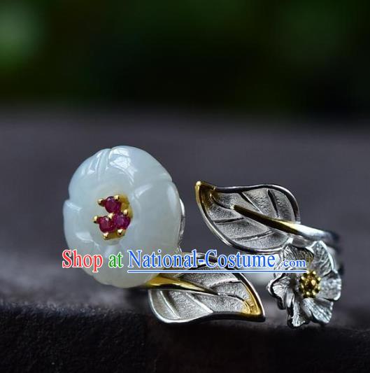 Chinese Classical Jade Plum Blossom Circlet Handmade Jewelry Accessories National Silver Carving Ring