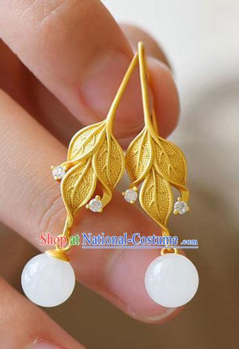 China Traditional Golden Leaf Ear Jewelry Accessories National Cheongsam Jade Bead Earrings