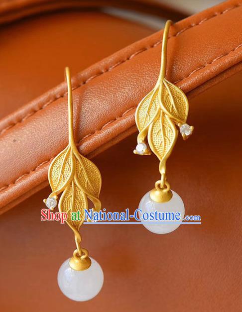 China Traditional Golden Leaf Ear Jewelry Accessories National Cheongsam Jade Bead Earrings