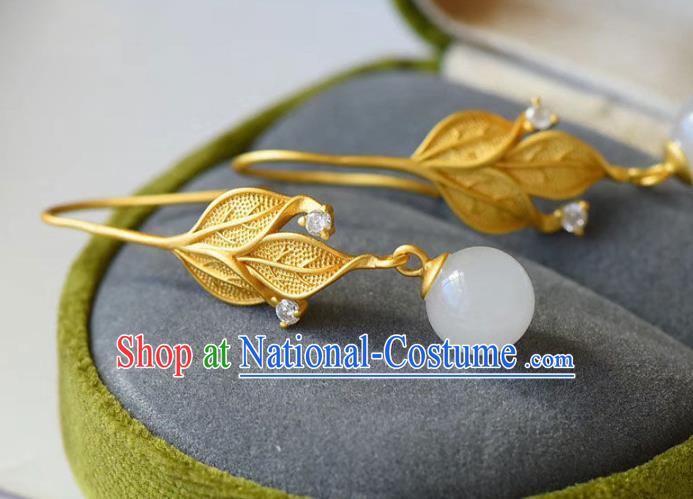 China Traditional Golden Leaf Ear Jewelry Accessories National Cheongsam Jade Bead Earrings