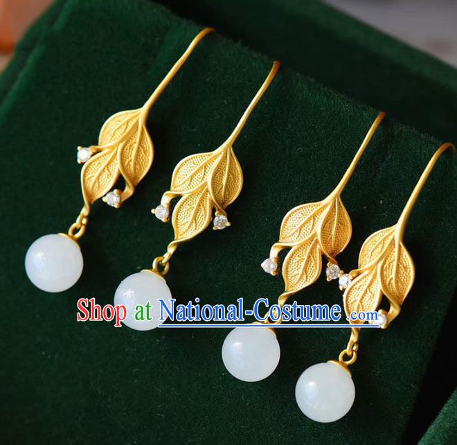 China Traditional Golden Leaf Ear Jewelry Accessories National Cheongsam Jade Bead Earrings