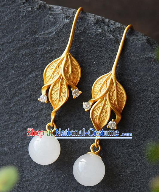 China Traditional Golden Leaf Ear Jewelry Accessories National Cheongsam Jade Bead Earrings