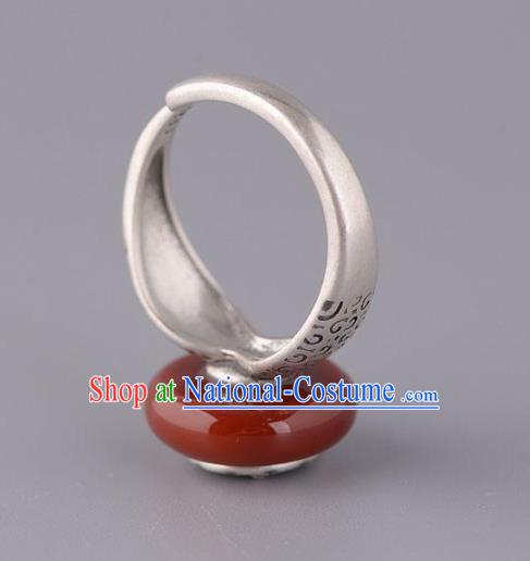 Chinese National Agate Peace Buckle Ring Handmade Jewelry Accessories Classical Silver Carving Circlet