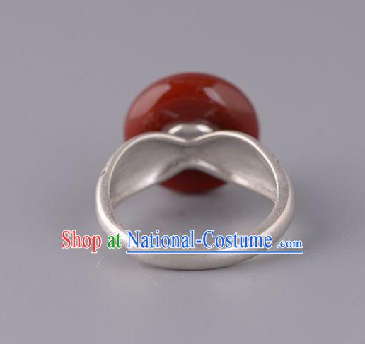 Chinese National Agate Peace Buckle Ring Handmade Jewelry Accessories Classical Silver Carving Circlet