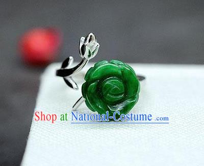 Chinese Classical Silver Circlet Handmade Jewelry Accessories National Jade Rose Ring