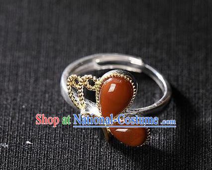 Chinese National Silver Butterfly Ring Handmade Jewelry Accessories Classical Agate Circlet