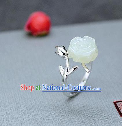 Chinese National White Jade Rose Ring Classical Silver Circlet Handmade Jewelry Accessories