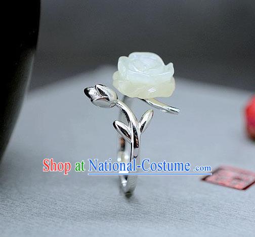 Chinese National White Jade Rose Ring Classical Silver Circlet Handmade Jewelry Accessories