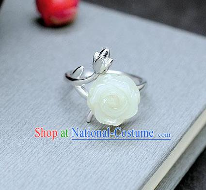 Chinese National White Jade Rose Ring Classical Silver Circlet Handmade Jewelry Accessories