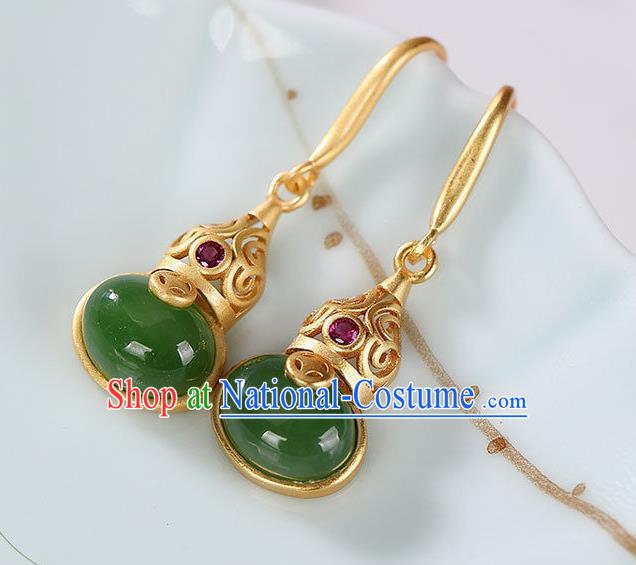 China Traditional Green Jade Ear Jewelry Accessories National Cheongsam Golden Gourd Earrings