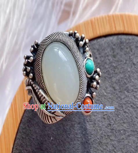 Chinese National Silver Ring Handmade Jewelry Accessories Classical White Chalcedony Circlet