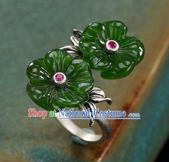 Chinese National Silver Carving Ring Handmade Jewelry Accessories Classical Green Jade Plum Circlet