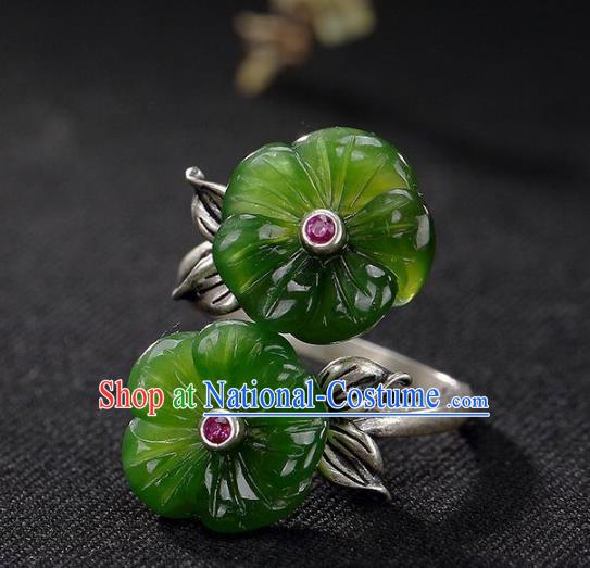 Chinese National Silver Carving Ring Handmade Jewelry Accessories Classical Green Jade Plum Circlet