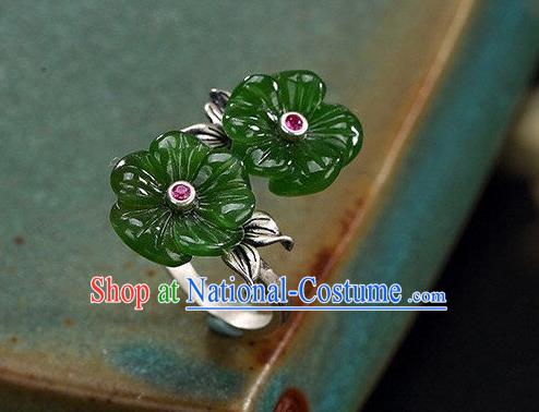 Chinese National Silver Carving Ring Handmade Jewelry Accessories Classical Green Jade Plum Circlet