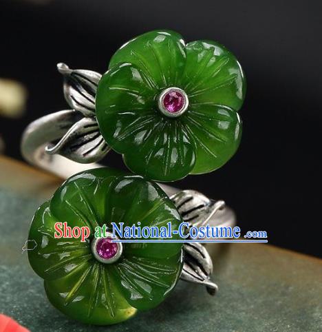 Chinese National Silver Carving Ring Handmade Jewelry Accessories Classical Green Jade Plum Circlet