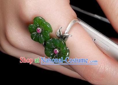 Chinese National Silver Carving Ring Handmade Jewelry Accessories Classical Green Jade Plum Circlet