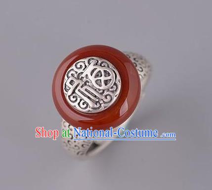 Chinese National Agate Peace Buckle Ring Handmade Jewelry Accessories Classical Silver Carving Circlet