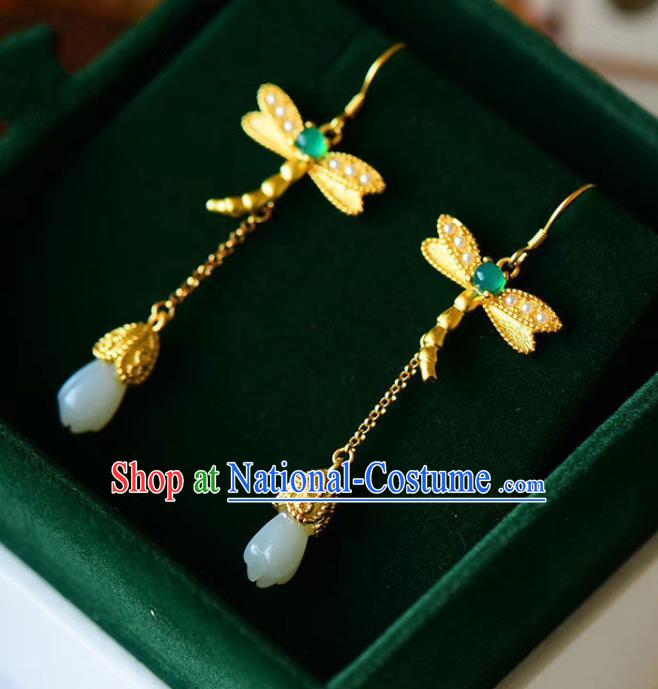 China Traditional Golden Dragonfly Ear Jewelry Accessories National Cheongsam Jade Mangnolia Earrings