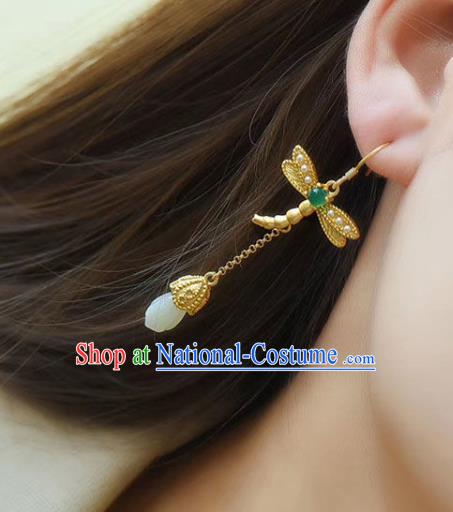 China Traditional Golden Dragonfly Ear Jewelry Accessories National Cheongsam Jade Mangnolia Earrings