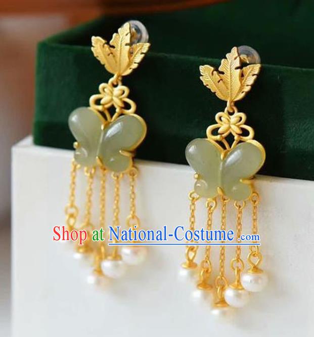 China Traditional Pearls Tassel Ear Jewelry Accessories National Cheongsam Jade Butterfly Earrings