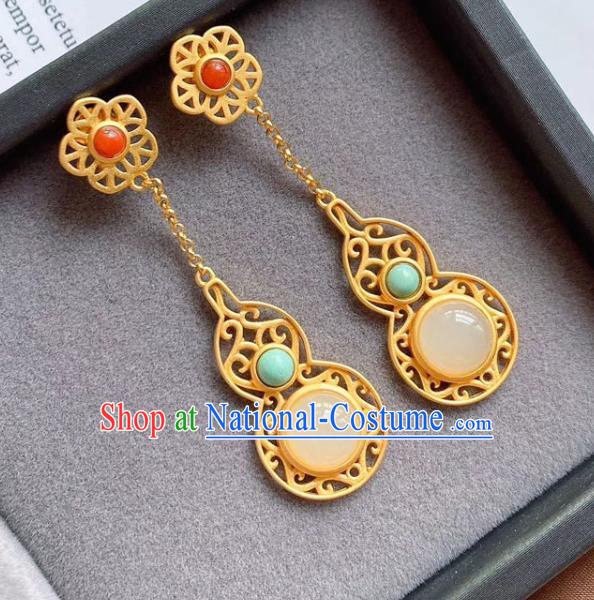 China Traditional Qing Dynasty Golden Gourd Ear Jewelry Accessories National Cheongsam White Chalcedony Earrings