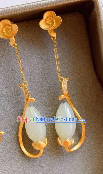 China Traditional Qing Dynasty Jade Mangnolia Ear Jewelry Accessories National Cheongsam Golden Cloud Earrings