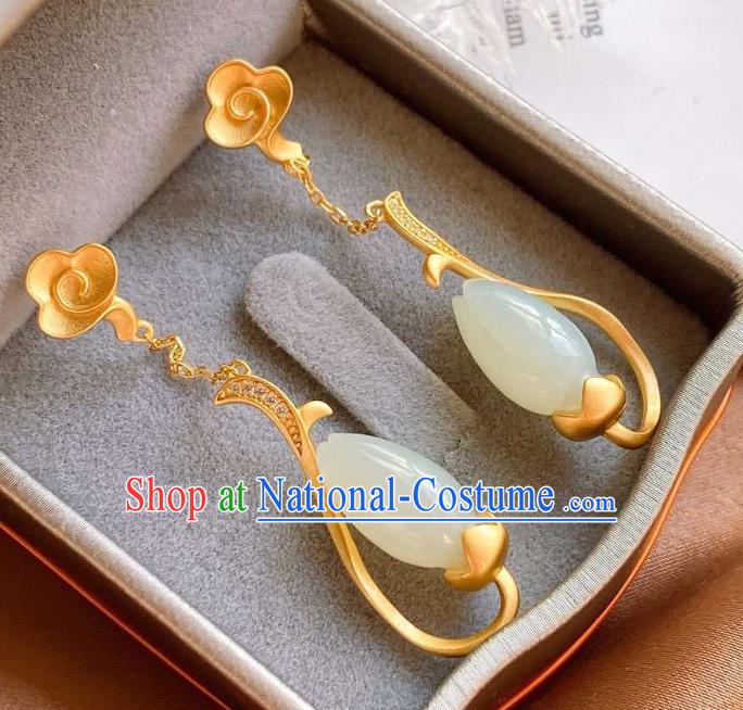 China Traditional Qing Dynasty Jade Mangnolia Ear Jewelry Accessories National Cheongsam Golden Cloud Earrings