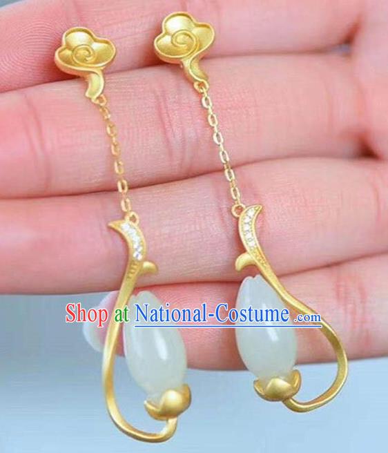 China Traditional Qing Dynasty Jade Mangnolia Ear Jewelry Accessories National Cheongsam Golden Cloud Earrings