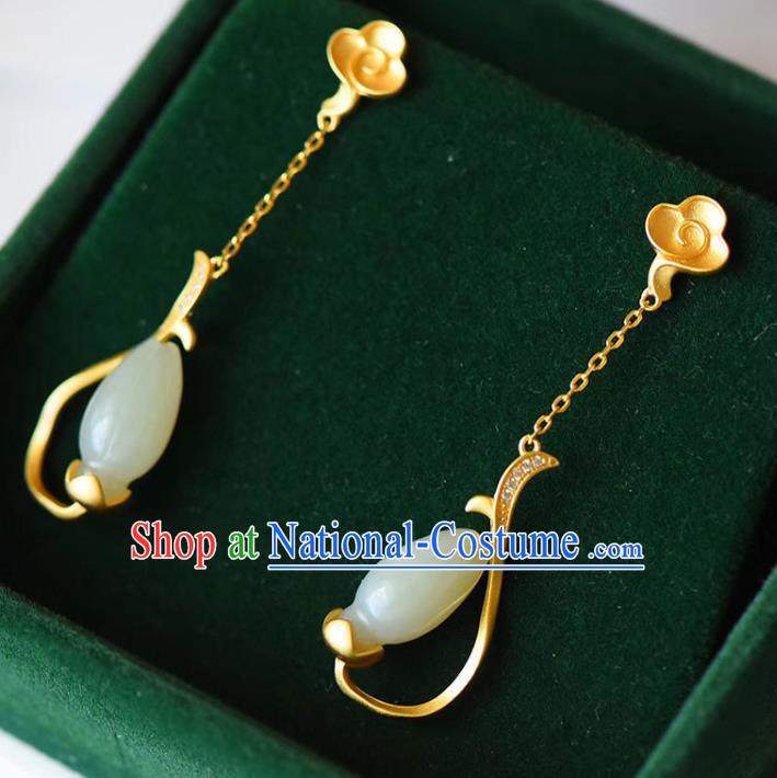 China Traditional Qing Dynasty Jade Mangnolia Ear Jewelry Accessories National Cheongsam Golden Cloud Earrings