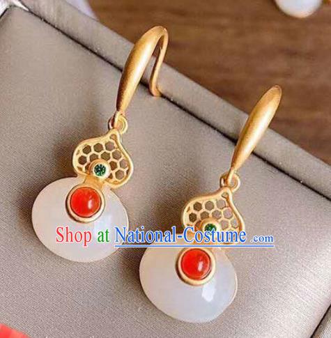 China Traditional Qing Dynasty White Jade Gourd Ear Jewelry Accessories National Cheongsam Golden Earrings