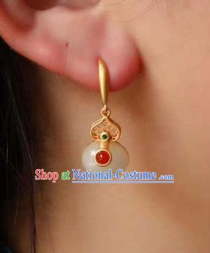 China Traditional Qing Dynasty White Jade Gourd Ear Jewelry Accessories National Cheongsam Golden Earrings