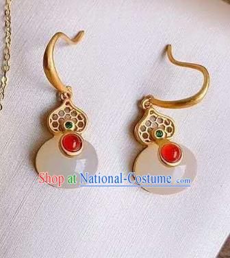 China Traditional Qing Dynasty White Jade Gourd Ear Jewelry Accessories National Cheongsam Golden Earrings