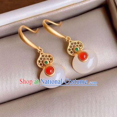 China Traditional Qing Dynasty White Jade Gourd Ear Jewelry Accessories National Cheongsam Golden Earrings