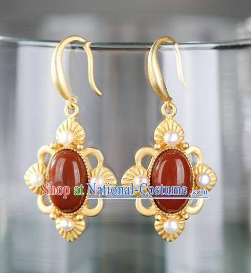 China Traditional Pearls Golden Ear Jewelry Accessories National Cheongsam Agate Earrings