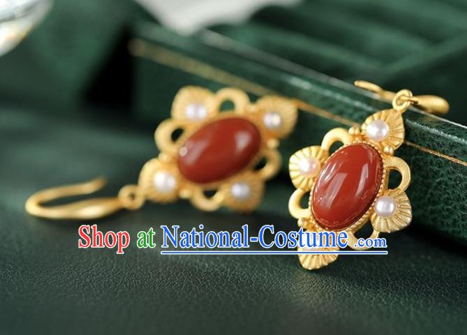 China Traditional Pearls Golden Ear Jewelry Accessories National Cheongsam Agate Earrings