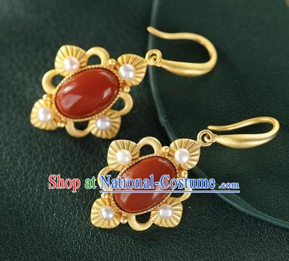 China Traditional Pearls Golden Ear Jewelry Accessories National Cheongsam Agate Earrings