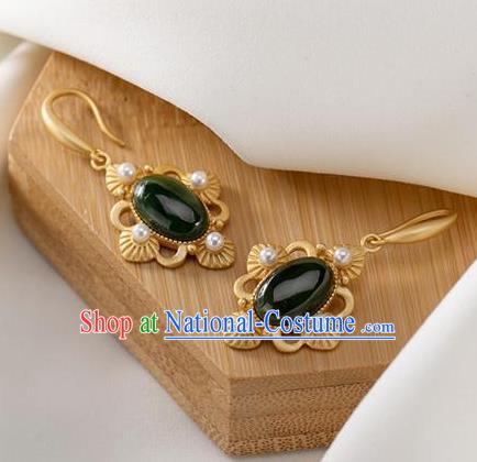 China Traditional Jade Ear Jewelry Accessories National Cheongsam Pearls Golden Earrings