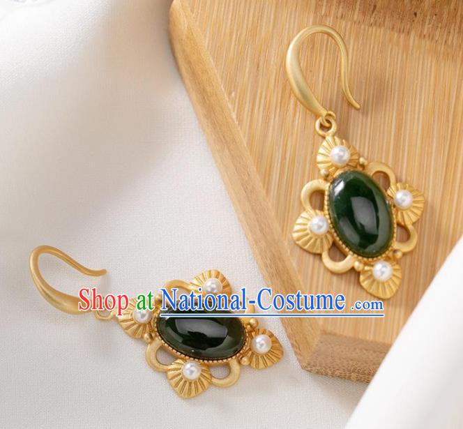 China Traditional Jade Ear Jewelry Accessories National Cheongsam Pearls Golden Earrings