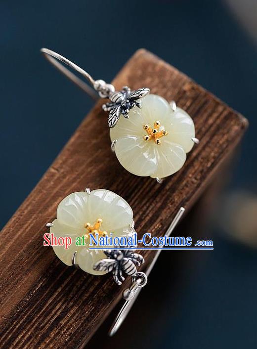 China Traditional Silver Bee Ear Jewelry Accessories National Cheongsam Jade Plum Earrings