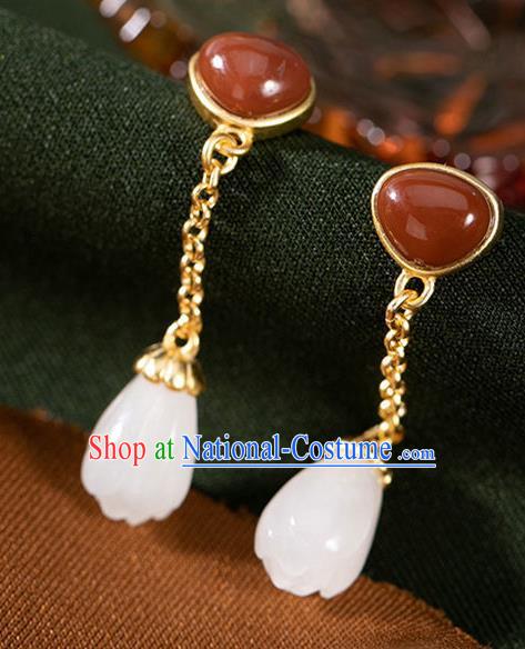 China Traditional Agate Golden Ear Jewelry Accessories National Cheongsam Jade Mangnolia Earrings