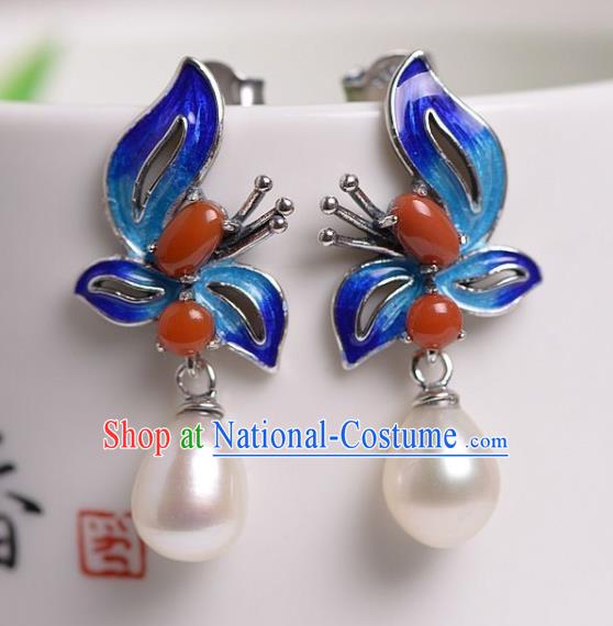 China Traditional Agate Pearl Ear Jewelry Accessories National Cheongsam Cloisonne Butterfly Earrings