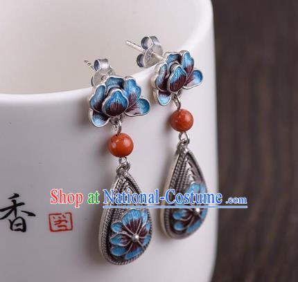 China National Cheongsam Silver Earrings Traditional Cloisonne Peony Ear Jewelry Accessories