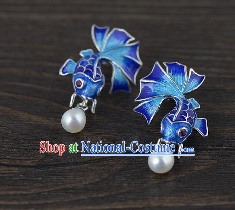 China Traditional Blueing Fish Ear Jewelry Accessories National Cheongsam Pearl Earrings