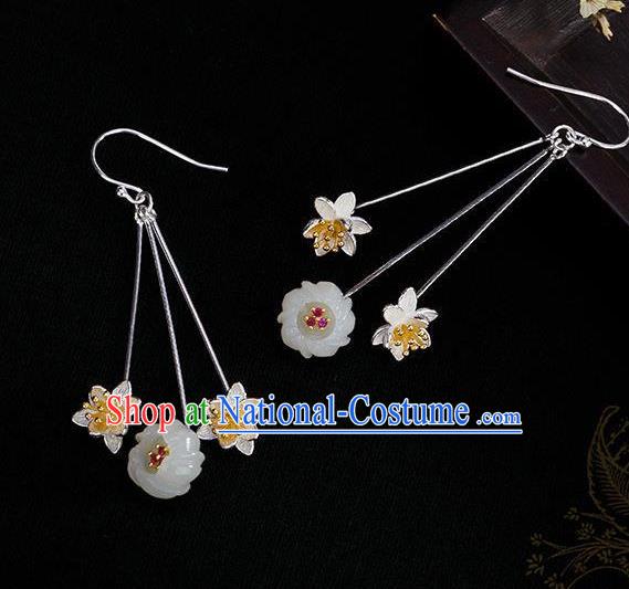 China Traditional Silver Lotus Ear Jewelry Accessories National Cheongsam Jade Plum Earrings