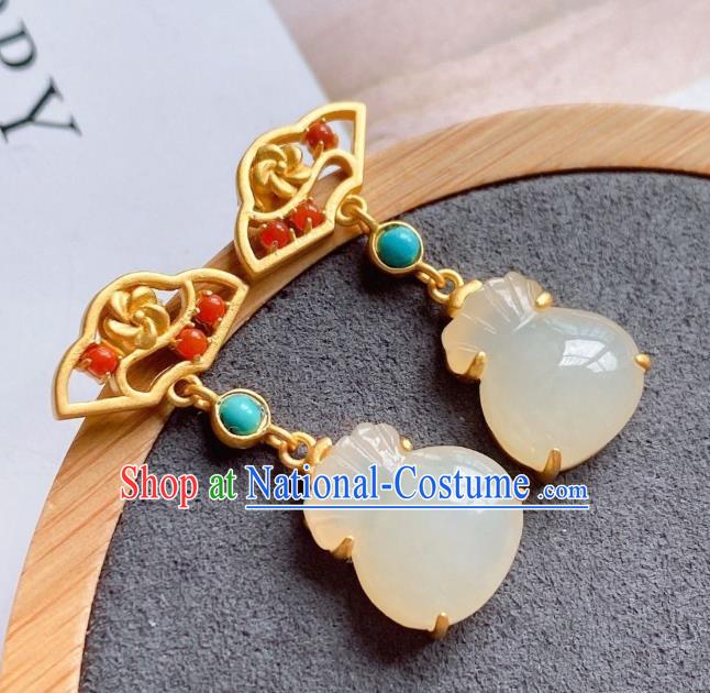 China Traditional Golden Ear Jewelry Accessories National Cheongsam Chalcedony Lucky Bag Earrings