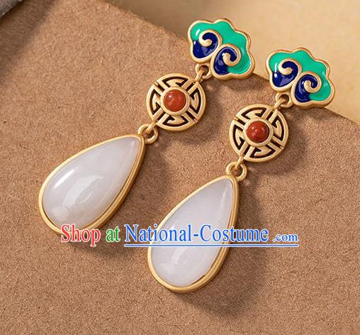 China Traditional White Jade Ear Jewelry Accessories National Cheongsam Enamel Cloud Earrings